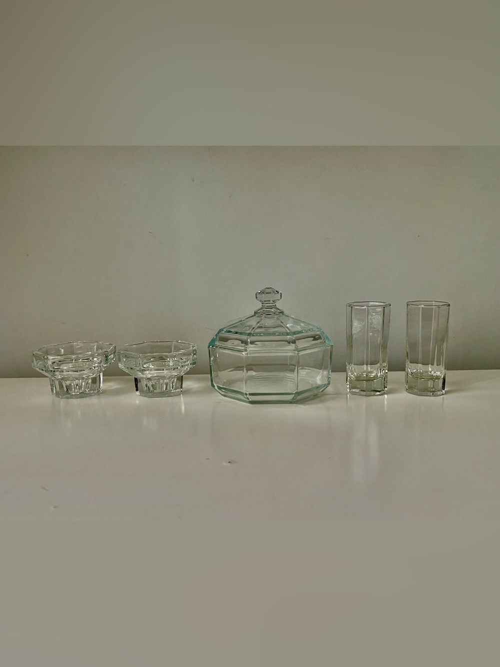 Vintage Arcoroc Octime Clear Glass Set Candy Dish Candle Holders Shooters